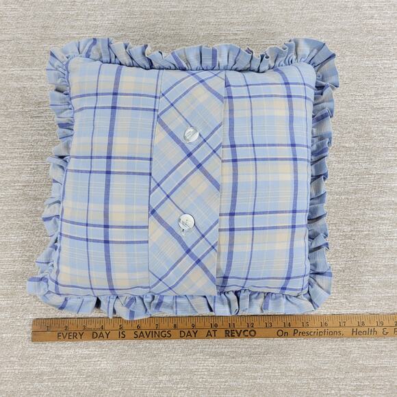 VTG Laura Ashley Emilie Pillow 16" Square Blue Cream Plaid Ruffle Trim Cotton - Picture 15 of 16